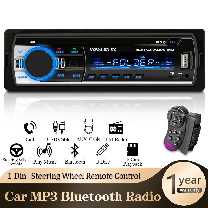1 DIN Bluetooth Car Stereo with MP3 Player, 60W x 4 FM Radio, USB/SD, and AUX Input