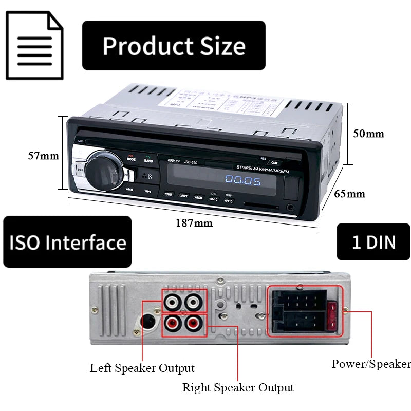 1 DIN Bluetooth Car Stereo with MP3 Player, 60W x 4 FM Radio, USB/SD, and AUX Input
