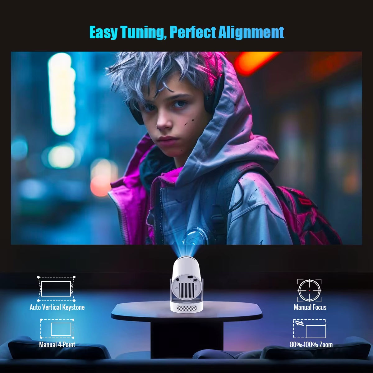 Android 14 8K Portable Projector HY300 Pro - Dual WiFi, 290 ANSI Lumens, 180° Flexibility, Bluetooth 5.0, Ideal for Outdoor Cinema