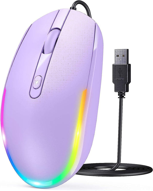 Wired Mouse - USB Computer Mouse with RGB Backlit Optical LED, Attached USB Cord for Laptops, Notebooks, Chromebook - Purple