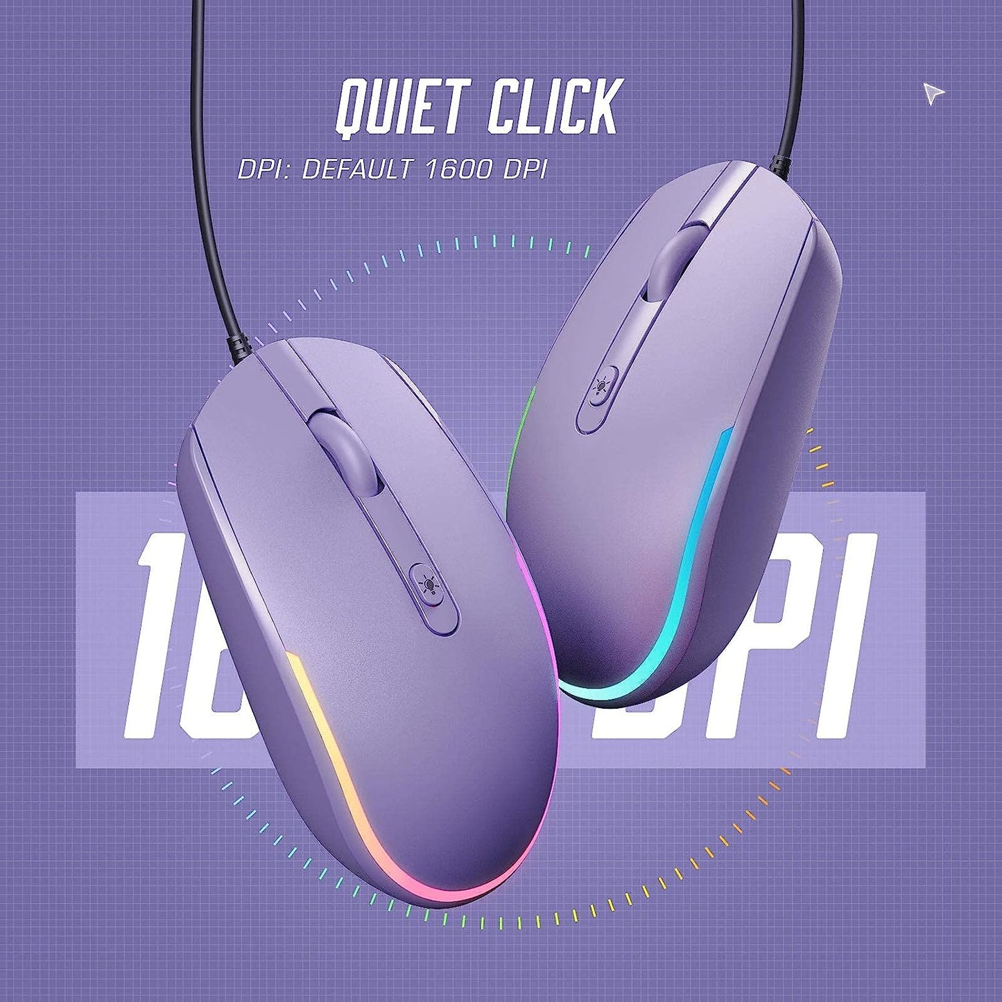 Wired Mouse - USB Computer Mouse with RGB Backlit Optical LED, Attached USB Cord for Laptops, Notebooks, Chromebook - Purple