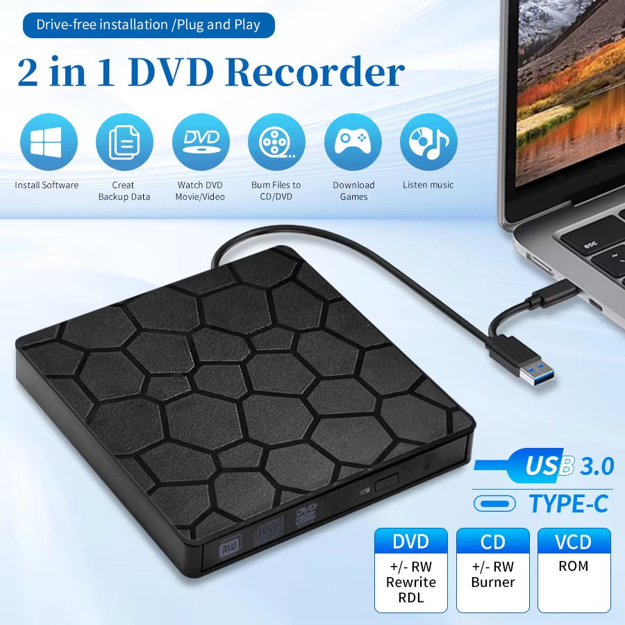 External USB 3.0 and Type-C Slim DVD/CD Writer, Burner, and Reader Optical Drive for Laptops and PCs