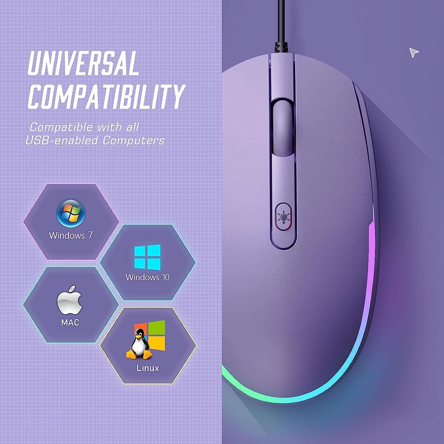Wired Mouse - USB Computer Mouse with RGB Backlit Optical LED, Attached USB Cord for Laptops, Notebooks, Chromebook - Purple