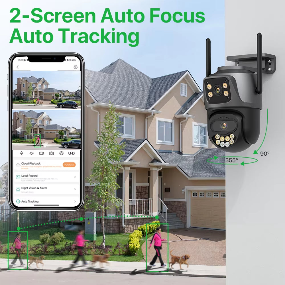 External 4K Dual Lens PTZ WiFi Camera - 8MP HD Outdoor IP Security Surveillance with Auto Tracking and Icsee P2P Technology