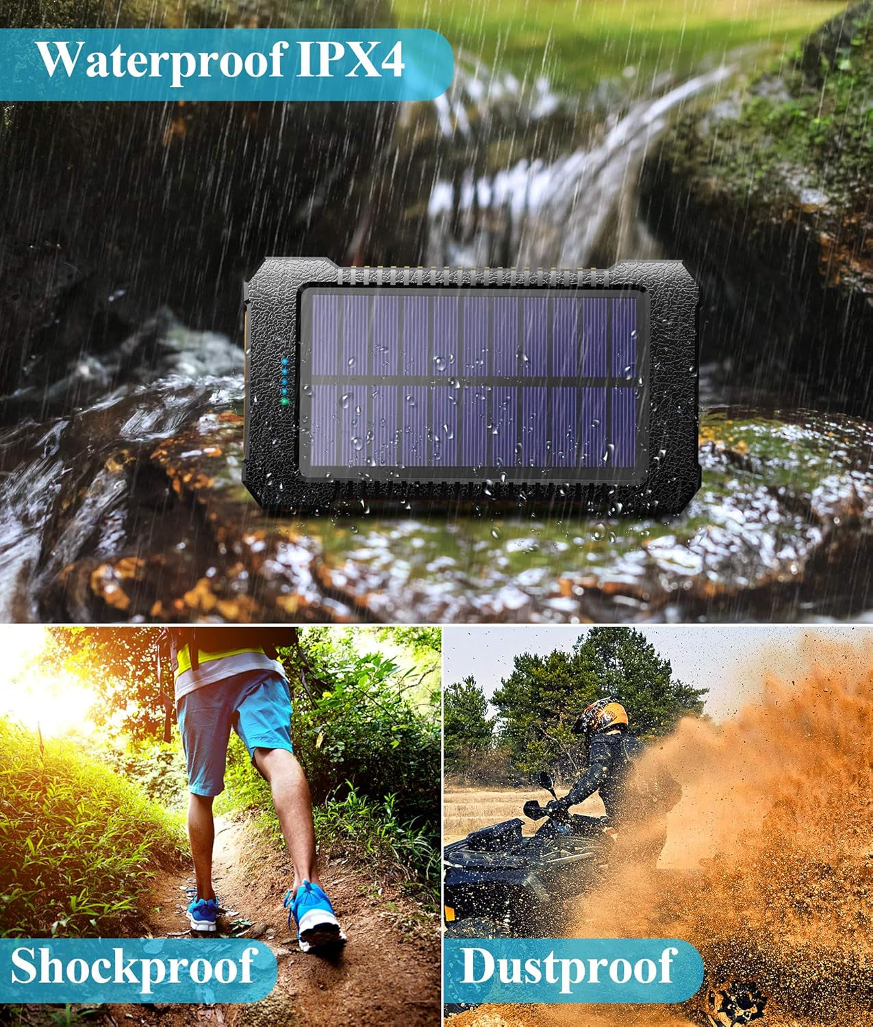 26800mAh Portable Solar Power Bank with Dual USB Outputs and LED Flashlight, Waterproof Solar Panel Charger