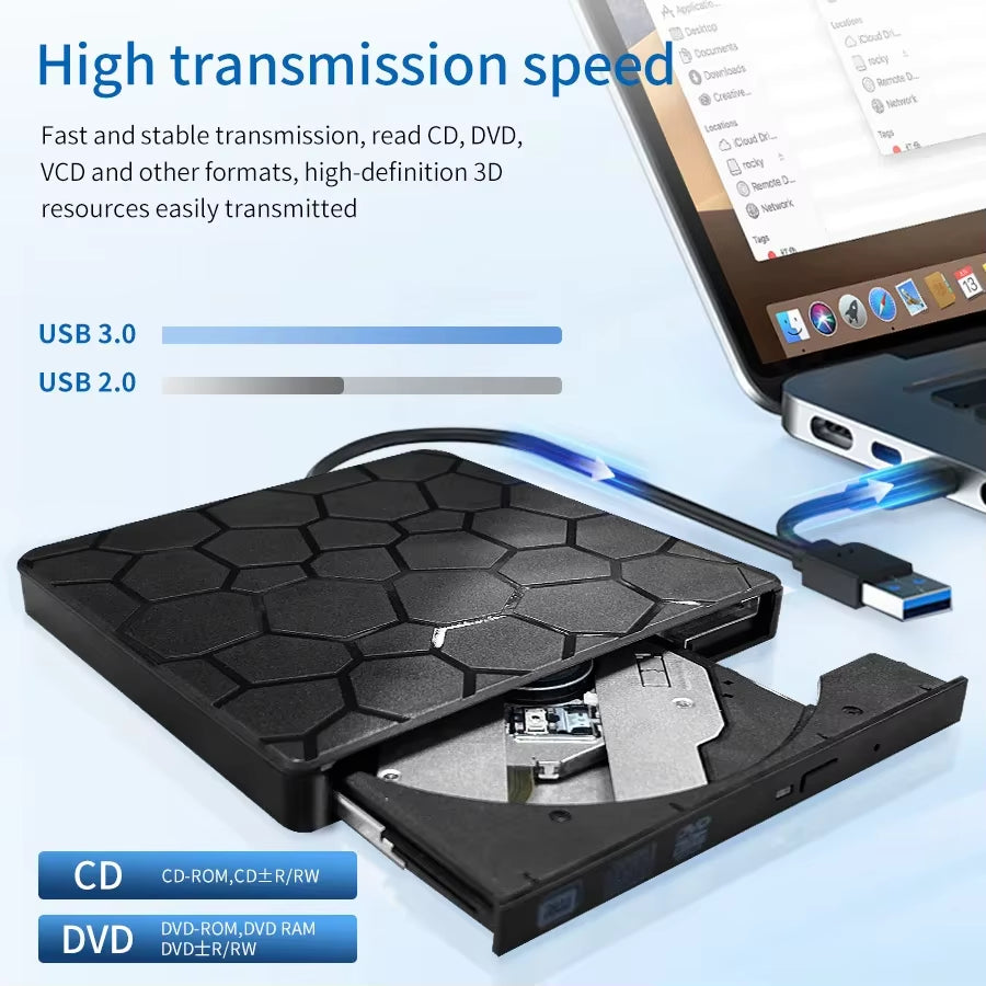 External USB 3.0 and Type-C Slim DVD/CD Writer, Burner, and Reader Optical Drive for Laptops and PCs