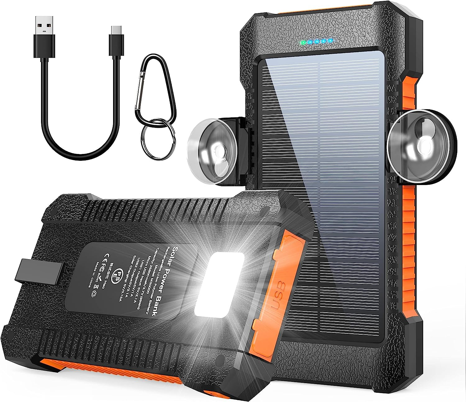 26800mAh Portable Solar Power Bank with Dual USB Outputs and LED Flashlight, Waterproof Solar Panel Charger