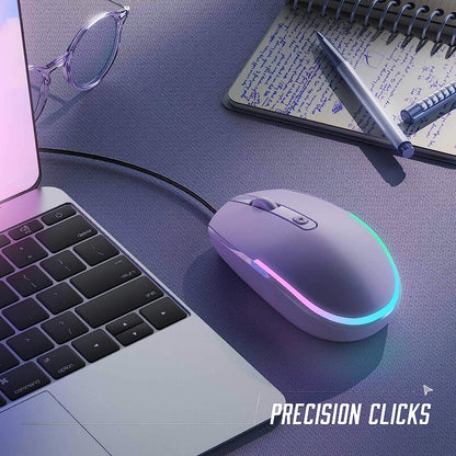 Wired Mouse - USB Computer Mouse with RGB Backlit Optical LED, Attached USB Cord for Laptops, Notebooks, Chromebook - Purple