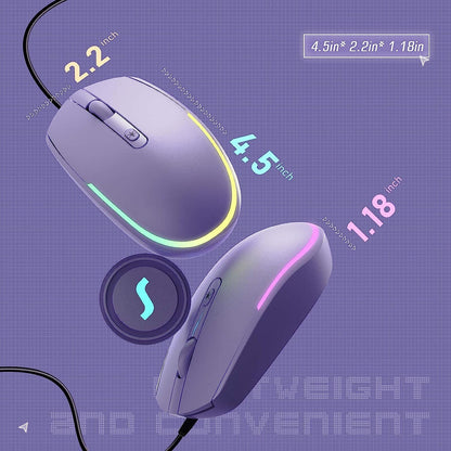 Wired Mouse - USB Computer Mouse with RGB Backlit Optical LED, Attached USB Cord for Laptops, Notebooks, Chromebook - Purple