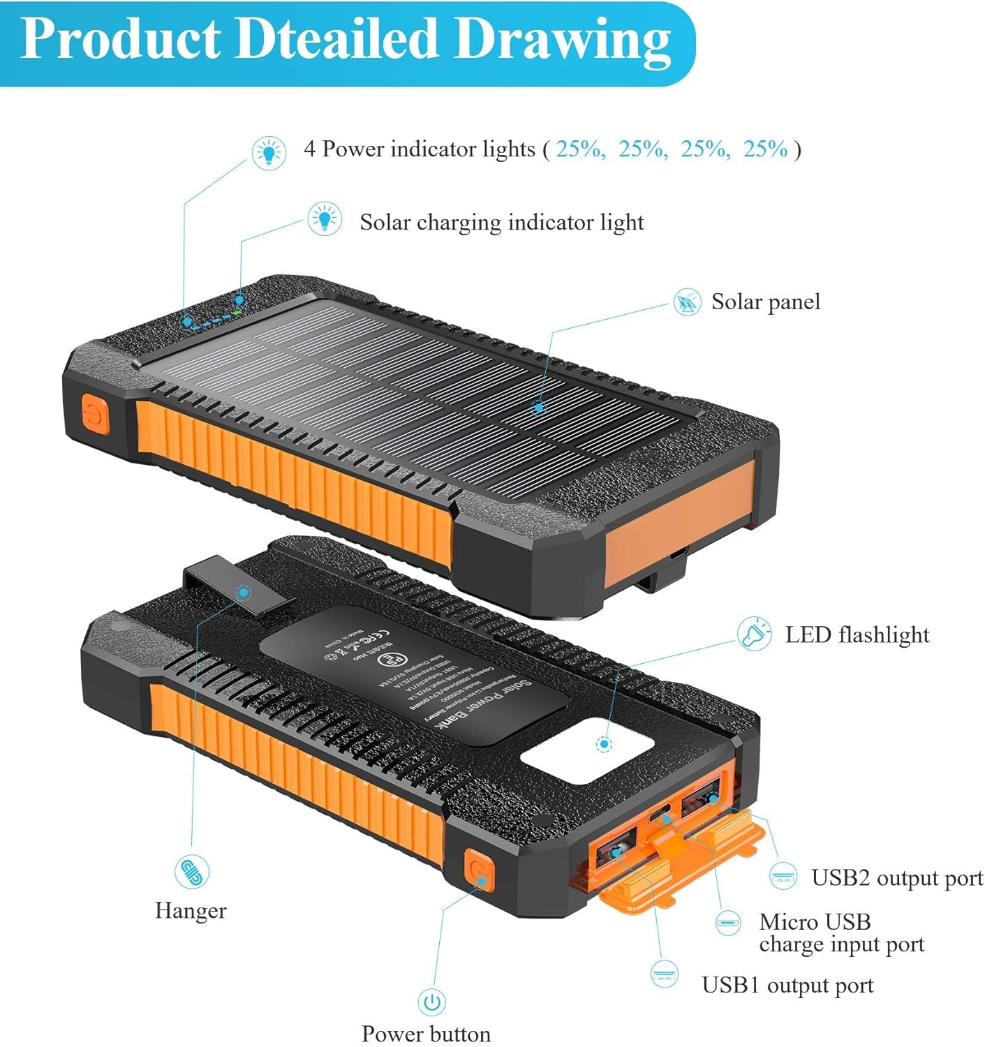 26800mAh Portable Solar Power Bank with Dual USB Outputs and LED Flashlight, Waterproof Solar Panel Charger