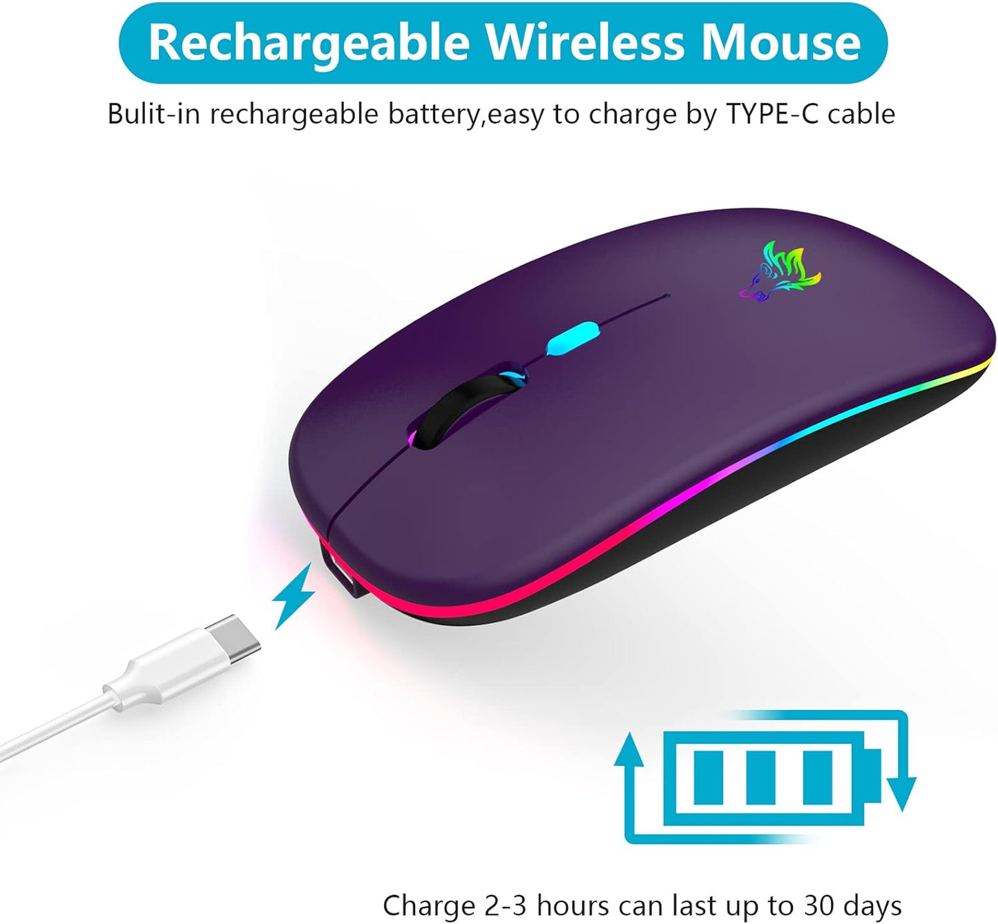 Rechargeable Wireless Optical Mouse with USB Receiver - Slim, Silent, and Portable 2.4G Design for Laptops, Notebooks, and Desktops