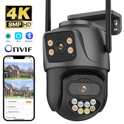 External 4K Dual Lens PTZ WiFi Camera - 8MP HD Outdoor IP Security Surveillance with Auto Tracking and Icsee P2P Technology